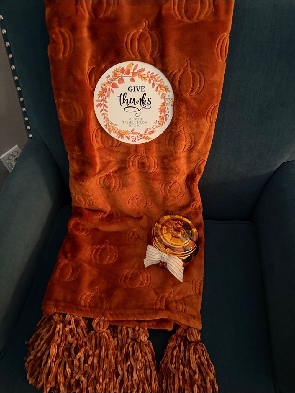 Autumn Pumpkin Embossed Tassel Throw - Orange 50x60 and candle